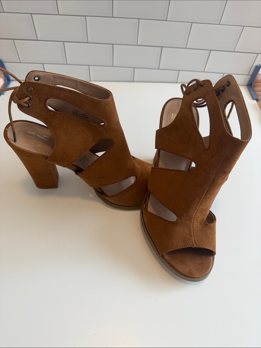 Mix No. 6 Brown Suede Cutout Lace-Up Block Heel Sandals